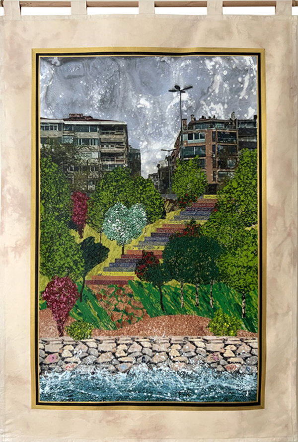 THE BOOK OF STREETS BY RICHARD BARTLE. A PAINTING OF A RAINBOW STAIRCASE IN A BEAUTIFUL GARDEN, WITH A VIEW OF USKUDAR AND THE BOSPHORUS IN THE DISTANCE.